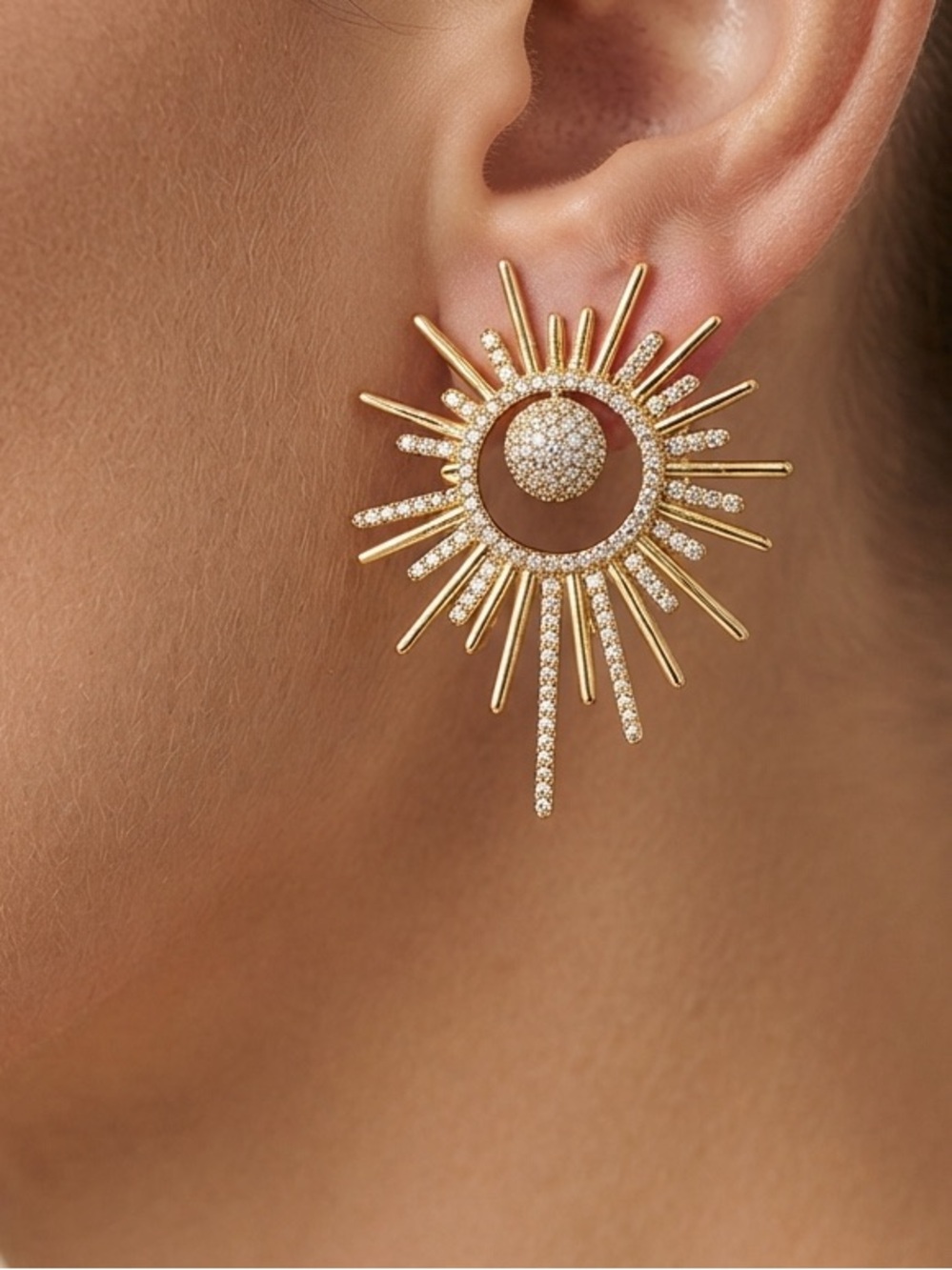 14K Gold Plated Rhodium Starburst Pave CZ Statement Stud Earrings Dainty Jewelry